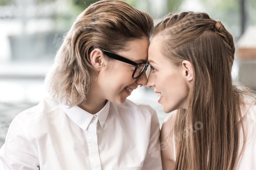 Preview: portrait of happy lesbian couple looking at each other while spending time together