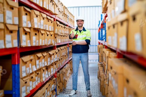Preview: Wide shot of professional warehouse worker man stand with thumbs up and smiling to camera