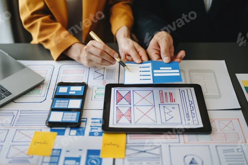 Preview: UX graphic designer planning application process development prototype wireframe for web