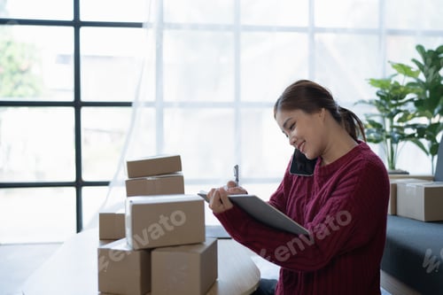Preview: woman, online seller, using smartphone to calling customers and note book, goals, and drive success