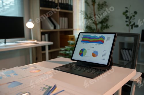 Preview: Tablet Showing Financial Charts and Statistics on Office Desk