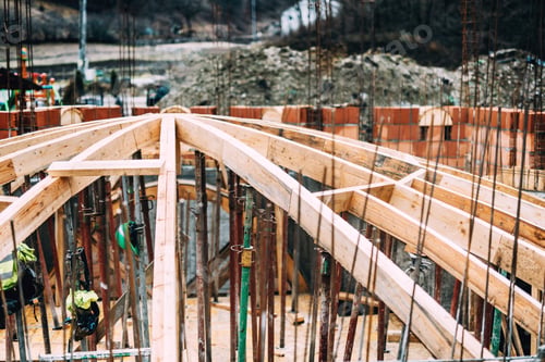 Preview: Industrial roof system of monastery building with wooden timber, beams and shingles.