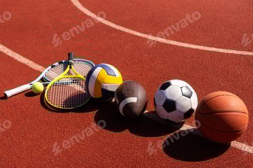 Preview: A variety of sports equipment including an american football, a soccer ball, a tennis racket, a