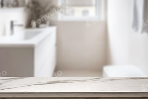 Vista previa: Mesa superior de mármol vacía con fondo interior de baño borro. para exhibición de productos