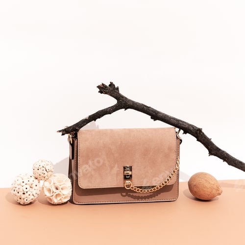 Preview: Stylish autumn accessories Beige Clutch bags. Fall winter fashion concept. Still life minimal