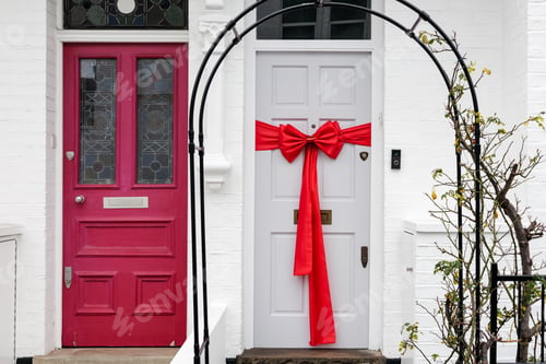 Preview: White door with big red bow and red door next to it