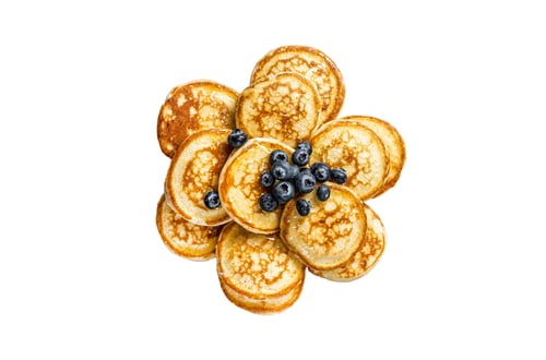Preview: Plate with pancakes with fresh blueberries and syrup . Isolated, white background.