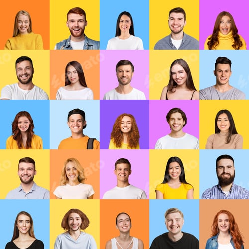 Preview: Set of different multicultural people portraits headshots, collage, colorful backgrounds