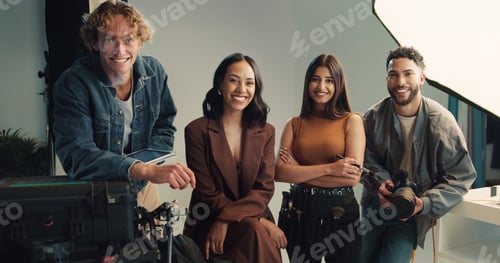 Preview: Photography, portrait and smile with people backstage together for filing, photoshoot or production