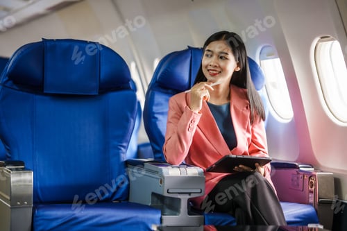 Preview: A young Asian female airplane passenger sits by the window during the flight