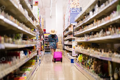 Preview: Shelves full of products in a shop with a woman walking around with a suitcase