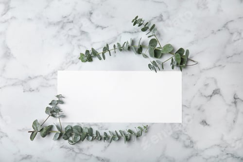 Preview: Fresh eucalyptus leaves and blank card with space for design on marble background, top view