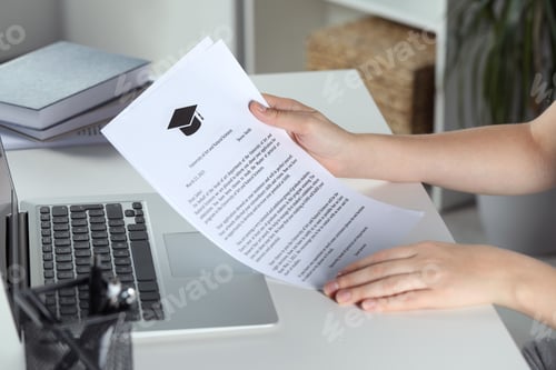 Preview: Student with acceptance letters from universities at white table indoors, closeup