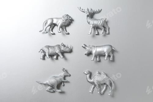 Preview: Silver animal figurines on gray background, top view