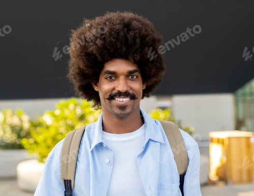 Preview: Portrait of smiling african american man with mustache and afro hair looking at camera. Freelancer