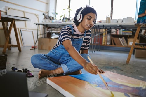 Preview: Music, painting and art with woman on floor of workshop studio working on creative, idea or vision