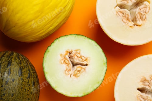 Preview: Ripe tasty melons on orange background, flat lay