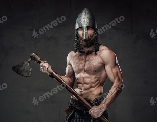 Preview: Shirtless viking with beard with his axe in dark background