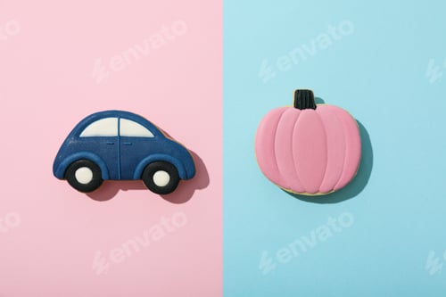 Preview: Cookies on blue and pink background, top view