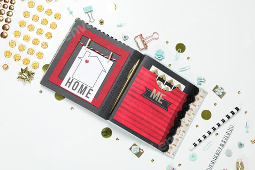 Preview: Scrap booking, on a white background, top view.