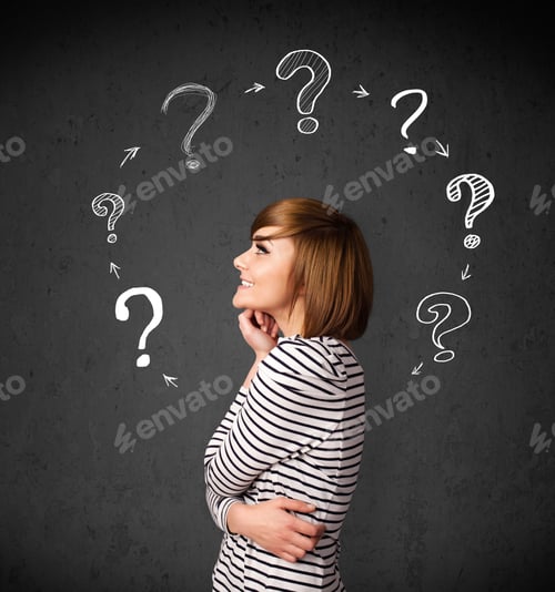 Preview: Thoughtful Young Woman With Drawn Question Marks Circulating Around Her Head