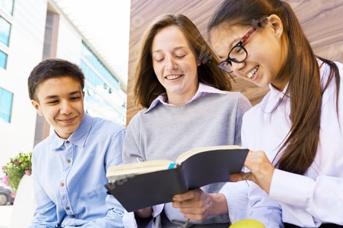 Preview: Children Copying Homework by School Building
