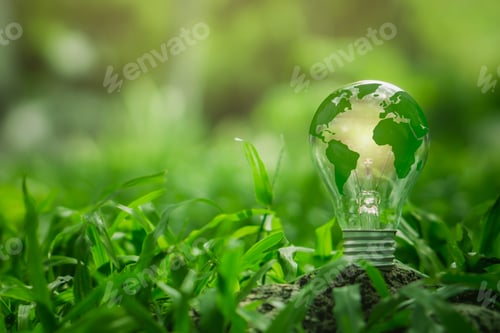 Preview: Light bulb with green world map on natural backgound represents renewable energy.Green energy.