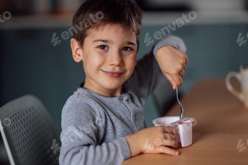Preview: Close up of portrait of cute little boy eats delicious yogurt or cottage cheese