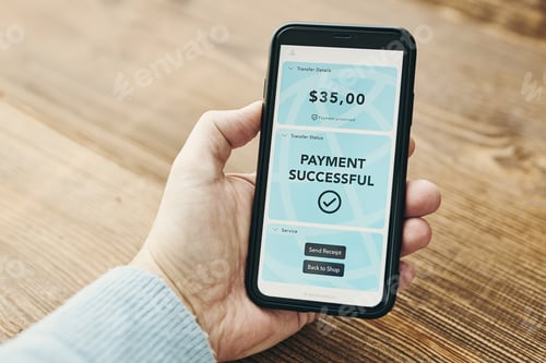 Preview: Paying with smartphone for online shopping. Paying using mobile payment app. Payment successful