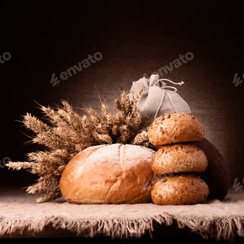 Preview: Bread, flour sack and ears bunch still life