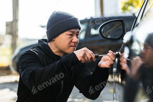 Preview: Male asian thief steals car breaks door lock with mechanical screwdriver tool