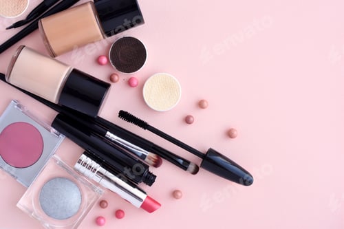 Preview: Makeup brush and decorative cosmetics on a pastel pink backgroun