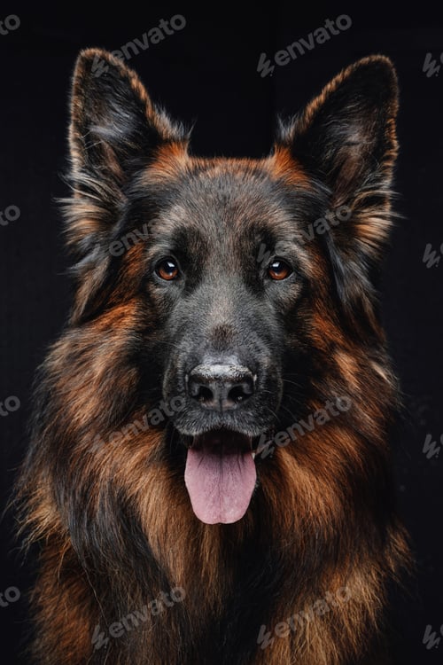 Preview: Portrait of panting belgian shepherd against dark background