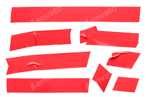 Preview: Collage with pieces of red insulating tape on white background, top view