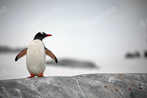 Preview: Closeup of a Gentoo penguin on a rock in Antarctica with a blurry background