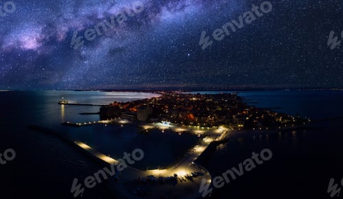 Preview: Panorama of the city of Pomorie washed by the Black Sea under the starry sky in Bulgaria