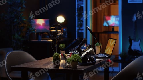 Preview: Empty studio with high tech microphone, audio mixer and headphones used to record podcast