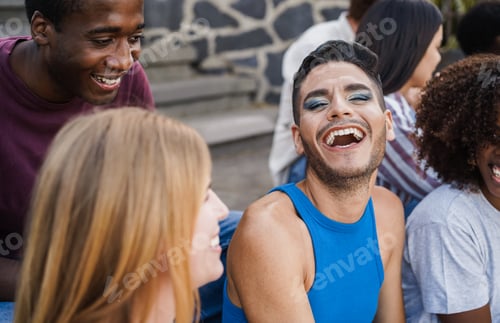 Preview: Young diverse people having fun outdoor laughing together - Focus on gay man face