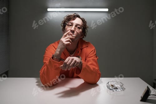 Preview: Contemplative Man in Orange Outfit Taking a Smoke Break