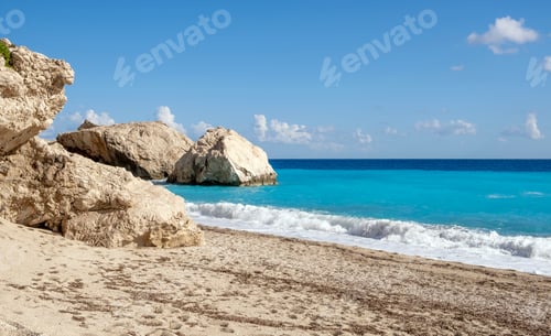Preview: Empty beautiful tropical beach with turquoise sea and rock formations