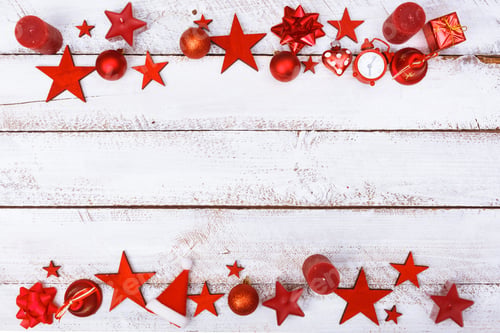 Preview: Red Christmas Decorations on White Wooden Background