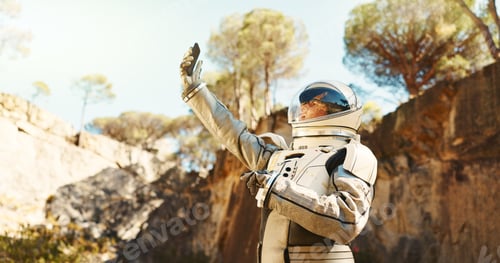 Preview: Astronaut, woman and phone for lost on planet outdoor with no signal, emergency protocol and space