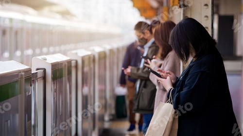 Preview: Japanese metro station, commuters patiently wait for train. A commuter in metro