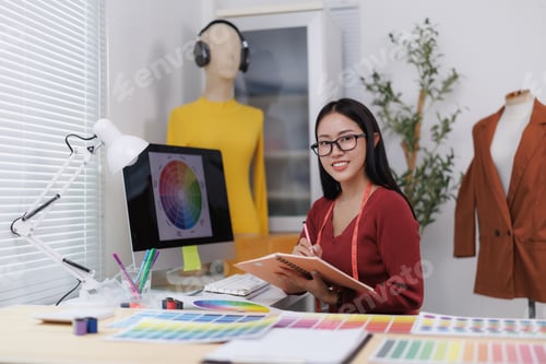 Preview: Asian female fashion designer working at her desk, taking notes and smiling