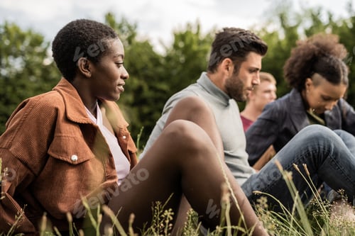 Preview: Portrait of multiethnic young people at picnic in the park