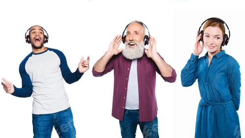 Preview: portrait of emotional multicultural people listening music in headphones isolated on white