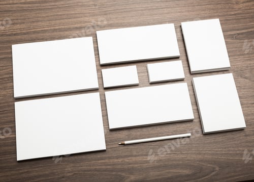 Preview: Arrangement of various blank stationery items on a wooden table for creative projects or office use