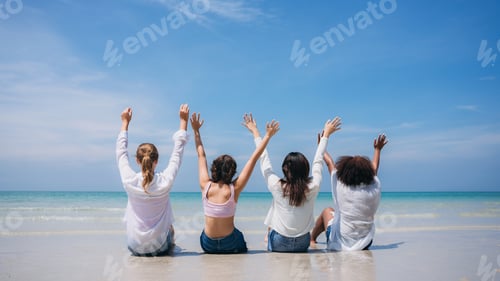 Preview: Happy children laughing and enjoying at beach. Teenage playing with friends at the sea.