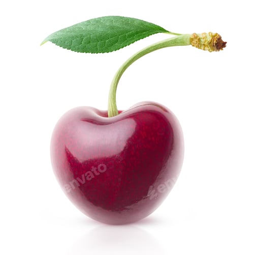 Single Cherry with Leaf Isolated on White Background