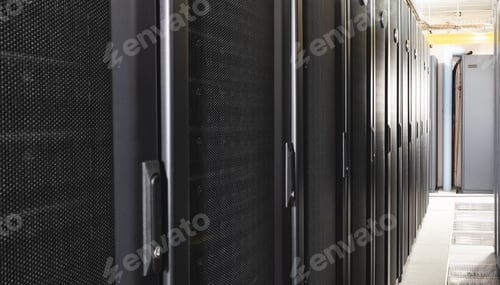 Preview: Data center with multiple rows of fully operational server racks